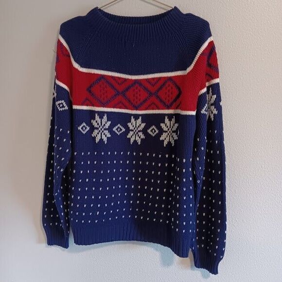 VTG 70s 80s JCPenny Mens M Knit Pullover Grandpa Red Blue Snowflake Geometric - Picture 5 of 5